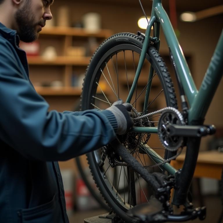 Mechanic adjusting bike in Coastal Cycles workshop