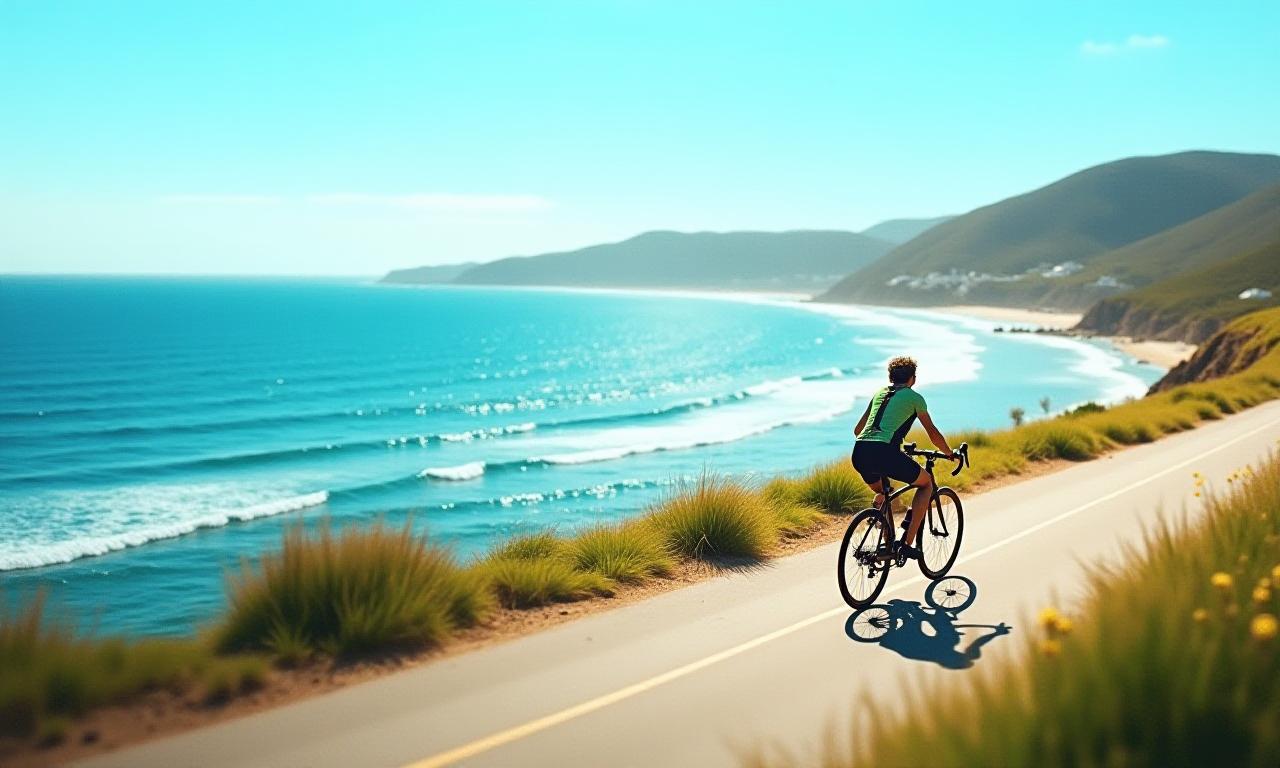 Cyclist riding along the Gold Coast shoreline