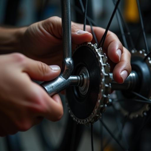 Mechanic tightening a bike crank